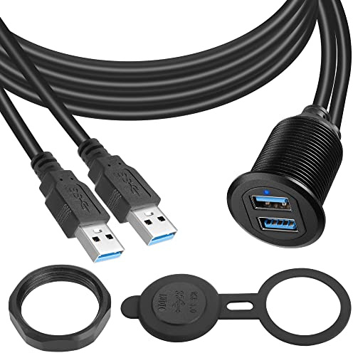 QIANRENON Doble USB3.0 Embedded Coche Impermeable Cable 2 USB3.0 Macho a Hembra Roscada Fija Montaje Extensión Cable, Luz LED, Carcasa de Aluminio, para Salpicadero Coche Barco Moto, 2m/6.5ft