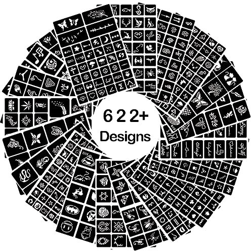 622+ pochoir tatouage temporaire, Pochoirs de henné réutilisables, Pochoirs de tatouage temporaire pour femmes filles et adolescents, pochoir aérographe