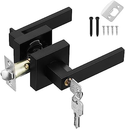 HSEAMALL Poignée de porte intérieure noire avec serrure et clé - Poignée de porte d'entrée carrée pour chambre à coucher, bureau, gaucher ou droitier