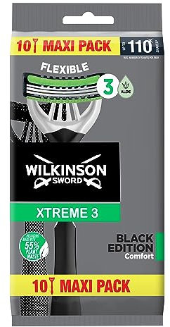 Wilkinson Sword Xtreme 3 Black Edition Einwegrasierer, Packung mit 10 Stück, 3 Klingen mit flexiblem Kopf, flexible Komfort-Technologie, vollständiger Rasierschutz
