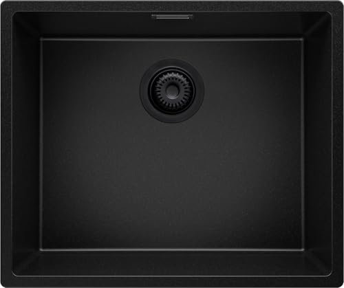 PRIMAGRAN Fregadero bajo Encimera Todo Negro 56x47cm, Cocina 1 Seno + Sifón, Granito al mueble 60cm - London S178