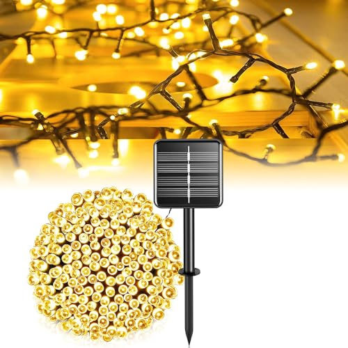 A.bigwhale - Catena di luci a energia solare per esterni, resistente agli agenti atmosferici, 12M, 100 LED, luce bianca calda, catena di luci solari per esterni, 8 modalità, per giardino, balcone