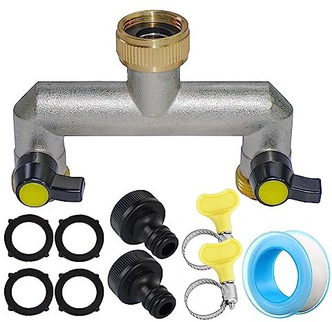 RoseFlower Garden Hose Splitter Y Way Heavy Duty, Solid Brass Outdoor Faucet Splitter Hose Connector Water Taps Distributor Hose Adapter with Individual On-Off Valve, 4 Rubber Washer, 1 Leakproof Tape