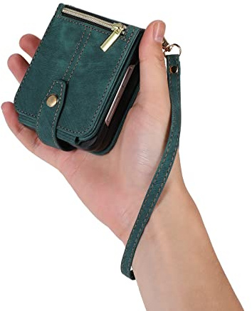 UEEBAI Étui pour Samsung Z Flip 7 FE/Z Flip 6/Z Flip 5 5G, Portefeuille Cuir PU Rabat Housse avec Dragonne Fentes Cartes Fonction Support Fermeture Magnétique Protection complète, Vintage Vert