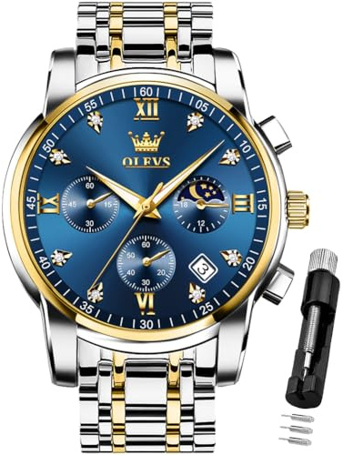 OLEVS Watch for Men Diamond Business Dress Analog Quartz Stainless Steel Waterproof Luminous Date Two Tone Luxury Casual Wrist Watch Blue
