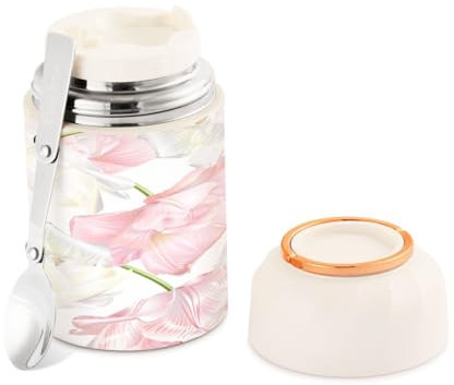 Ewusp Termo de comida de tulipán rosa para adultos, 500 ml, acero inoxidable, doble pared, aislado al vacío, tarro de alimentos con cuchara plegable, sin BPA, contenedor de alimentos a prueba de fugas