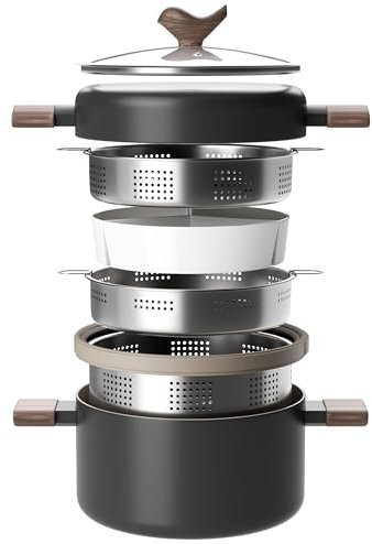 RIOVARM induktion kastrull- och stekpanneset med lock non-stick köksredskap set med keramisk beläggning soppgryta med ånginsats i rostfritt stål kokkärl med nudelsil insats 24 cm stekpanna