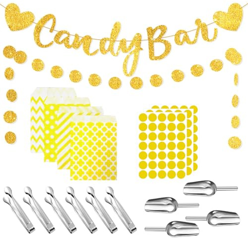 Set di 115 accessori Candy Bar composto da 100 sacchetti Candy Bar, 6 morsetti di zucchero, 4 pale, 3 adesivi e 2 articoli decorativi, adatti per matrimoni e feste di compleanno.