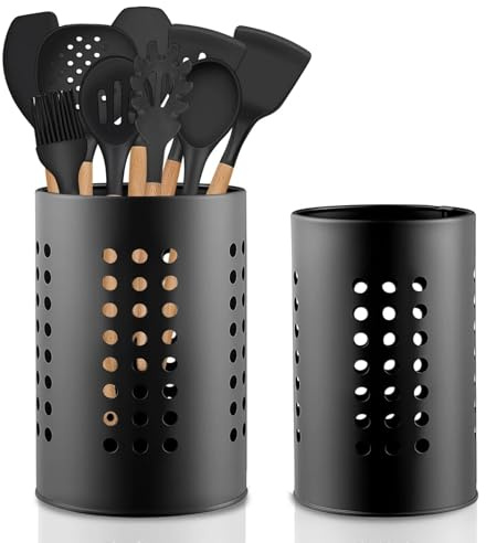Dulynva 2 Pièces Pot Ustensiles Cuisine Noir Porte Ustensiles Cuisine en Acier Inoxydable Egouttoir Couvert Verticalen Rangement Pot Ustensile Rond pour Couteau Fourchette Cuillère Baguettes