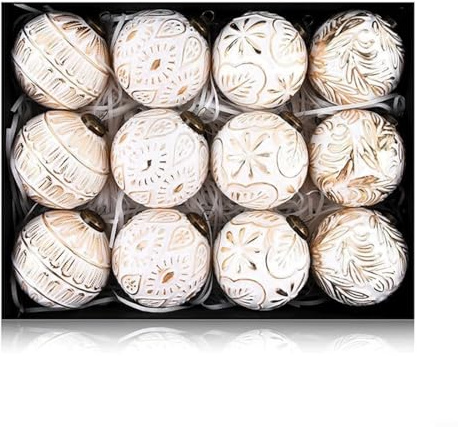 Snowchecking Weihnachtskugeln-Set, 8 cm, Vintage-Stil, hängende Dekorationen für Baum, Urlaub, Party, Heimdekoration, Festival, Gold, Weiß, 12 Stück