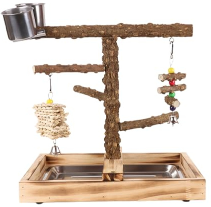 Parco giochi per uccelli, parco giochi per calopsitte, con mangiatoie, accessori in legno, giocattoli per calopsitte, piccioncini, pappagallini, conuri, allenamento, giochi interni ed esterni