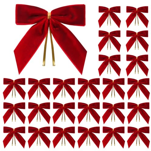 Celblisora Lot de 24 Petits Nœuds de Noël Rouges en Velours, pour Sapin de Noël, Couronnes, Emballage Cadeaux, Bricolage, Mariage, Nœuds décoratifs