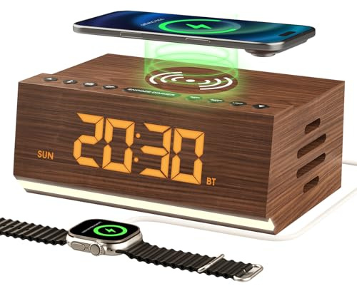 Hoifen Wooden Digital Alarm Clock with Bluetooth Speaker, Wireless Charging, FM Radio, Night Light, Auto Time Sync, Dual Alarms, USB Port, 9-Min Snooze for Bedroom, Desk, Bedside Clock Home Decor Gift