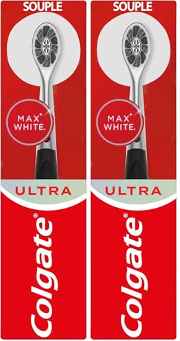COLGATE - Cepillo de dientes manual Max White Ultra - Hebras con infusión de carbón - Diseñado para eliminar las manchas de la superficie (Paquete de 2)