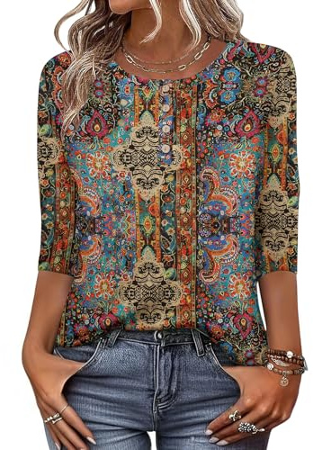 Zeagoo T-shirt för damer, med 3/4-ärm, tröja med rund hals, basic topp, Henly till sommaren, ledig, lätt och lång, storlek S–XXL