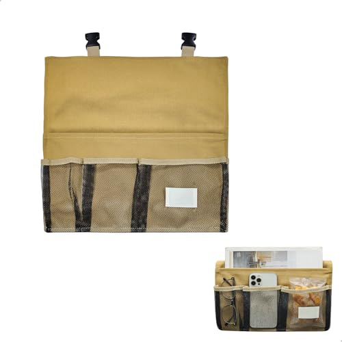 Bolsillo Organizador para Colgar en Cama, Bolsillo para Cama, Bolso Organizador Objetos Mesilla - Bolsa Colgante Multiusos de Lona Reforzada con Compartimentos para Cama Sofá Escritorio, 33x32.5cm