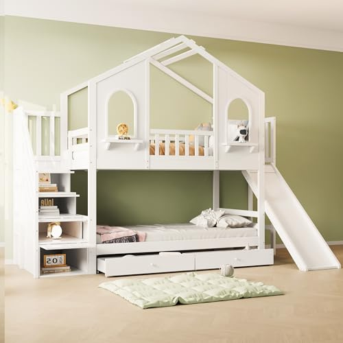 Letto a castello per bambini con scivolo e 2 cassetti,letto castello bambini 90 x200 cm con scala portaoggetti,letto a soppalco matrimoniale a forma di casa con porte ad arco,finestre curve,Bianco