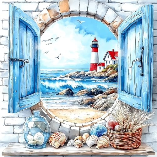 MAXBYE Seaside Town Diamond Art Kits for Adults, DIY Diamond Painting Kit | Full Drill Gem Cross Stitch Kits for Beginner, Lighthouse 5D Diamond Crystal Art Craft, Ideal Home Wall Decor Gift 30×30cm