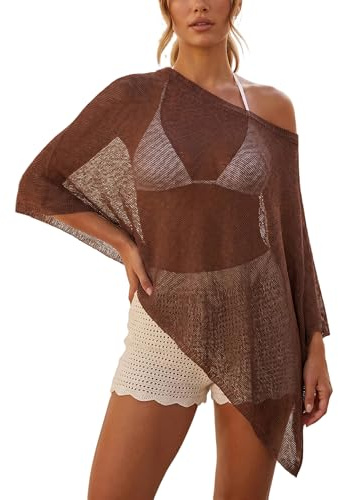 Felcia Women's Sheer Poncho Shrug Chic Off Shoulder Asymmetrical Knitted Shawls Summer See Through Cover Up Vacation Outfits