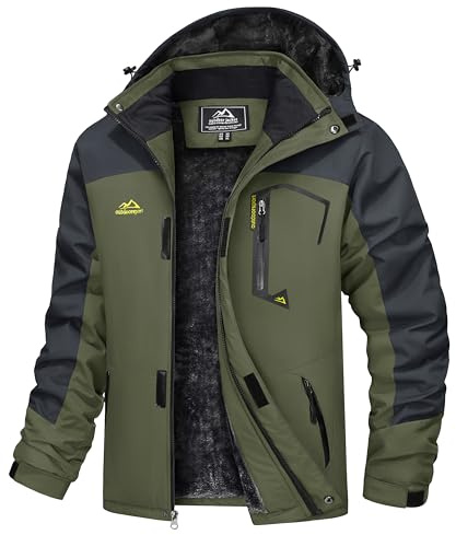 TACVASEN Winter Jacket Men Waterproof Skiing Jacket Fleece Snowboarding Warm Outdoor Jacket Mens Ski Jacket with Hood Parka Army Green