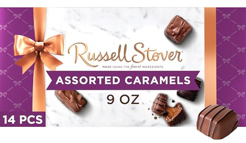 Russell Stover Assorted Caramels in Milk and Dark Chocolate, Mother's Day Chocolate Gift Box, 9 Ounce