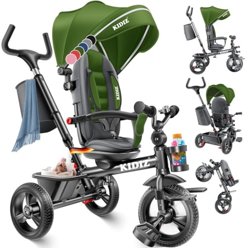 KIDIZ® Tricycle 5 en 1 Tricycle pour enfants avec barre à pousser Système de guidage Tige à partir de 1 an en marche avant et arrière sportif, panier sac porte-boisson pare-soleil roues en caoutchouc