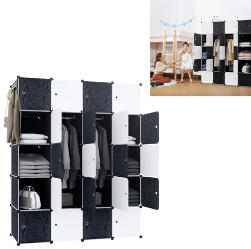 YUENFONG Sistema de estanterías para armario de 20 cubos de material PP, armario con puertas, sistema de estantería portátil para libros, ropa, juguetes (blanco y negro)