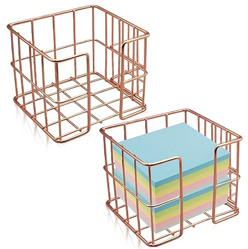 2 soportes para notas adhesivas, soporte para notas de oro rosa, bonito dispensador de notas adhesivas, bloc de notas de 3,8 x 3,2 pulgadas, organizador escritorio cubo metal para escritorio