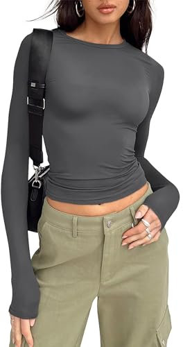 Timuspo Womens Y2k Basic Long Sleeve Top Crop Tops Skin Tight Slim Fit Crew Neck T-Shirt Workout Going Out Gym Running Deep Grey XL