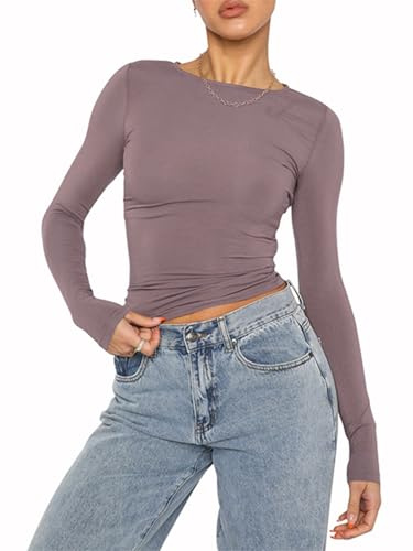 OYIGELZ T-shirt à manches longues col rond pour femmes, Slim Fit Y2K, Hauts basiques, Crop Tops, Streetwear décontracté, XXL