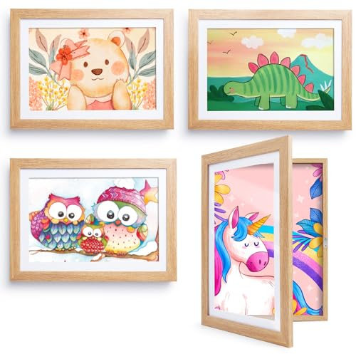 Kromapolis 4 cornici per disegni per bambini, formato A4, materiale MDF ecologico, formato A4, per bambini, collage fotografico, colore legno
