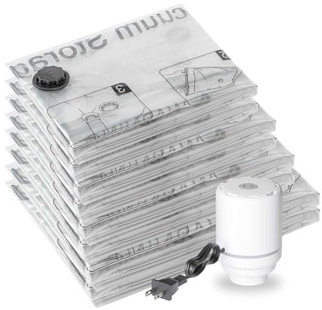 SUOCO Bolsas al Vacío Ropa, Juego de 8 Bolsas (2J + 2L + 2M + 2S) con Bomba Eléctrica, Bolsas de Almacenaje al Vacío para Ropa y Edredones, Viaje y Hogar, Resistente y Reutilizable