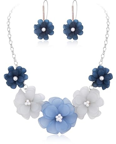 Ever Faith Flower Statement Necklace Boho Summer Holiday Beach Jewellery Floral Flower Collar Necklaces with Earrings for Women