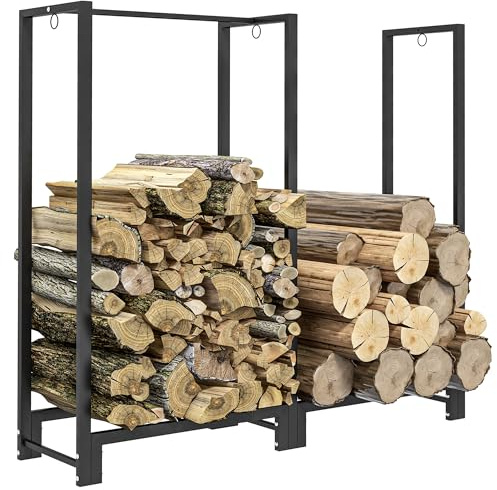 Outsunny Kaminholzregal Stahl 123x32x115 cm Brennholzregal mit Doppelt Speicherdesign Haken bis 200kg Kaminholzunterstand Outdoor Feuerholzregal für Brennholz, Holzunterstand für Garten Außen Schwarz