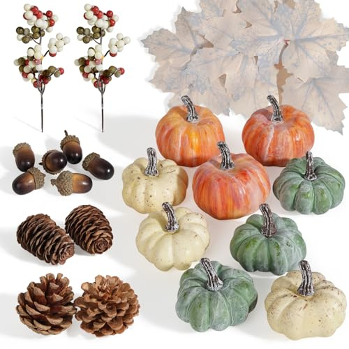 Miaikoe 25 PCS Kürbis Dekor Set, Künstliche Kürbisse Herbst Dekor für Halloween Thanksgiving Dekorationen mit Eicheln, Kiefern, Beeren, Ahornblätter für Home Tisch