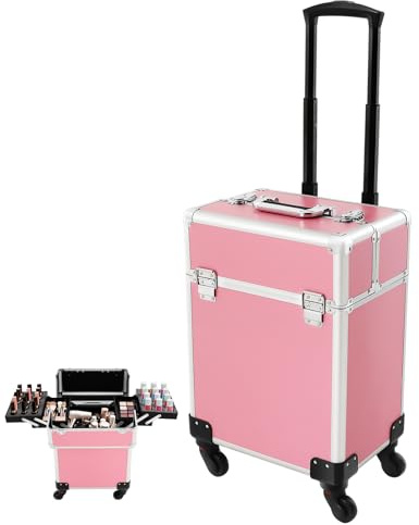 Maletín de cosméticos con ruedas, maletín de maquillaje profesional con ruedas, maletín de peluquería con cerradura, 24 x 34 x 47 cm, Rosa., Modernos