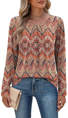 Aokosor Long Sleeve Tops Women Crew Neck Pleated Blouses Autumn 2025 Ladies Tunics Casual Loose Boho Size 18-20