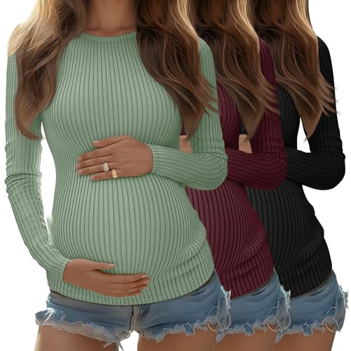 Riyiper Paquete de 3 Camisetas de Maternidad para Mujer, Camisetas de Punto Acanalado de Manga Larga para Embarazadas(Verde Claro, Borgoña, Negro,XL)