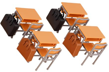LABRIMP Miniature Mobilier de Classe pour Poupée Bureaux Jaunes Chaises Cartables Accessoires Éducatifs Plastique pour Jeu et Décoration