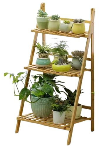DECORN Supporto per Piante Pieghevole Portavaso da Fiori a Forma di Scala per più Piante Espositore in Legno per Soggiorno Interno, Balcone, Finestra, Giardino Esterno,Natural,3 Tiers 19.7L