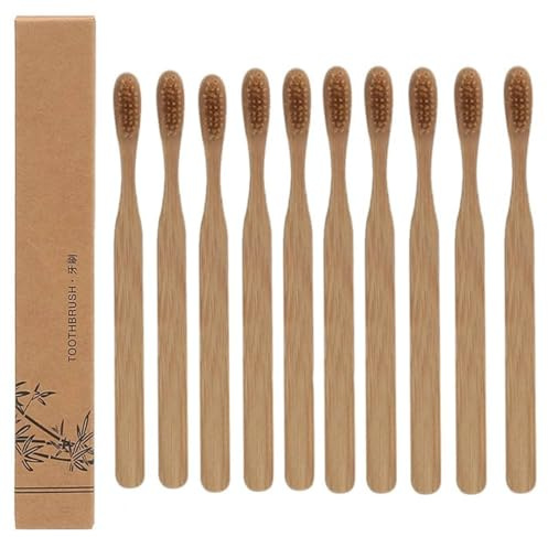 Lot de 10 brosses à dents jetables en poils de sanglier en bambou avec poignée en bois naturel pour un nettoyage en douceur - Soins bucco-dentaires pour adultes - Zéro gaspillage