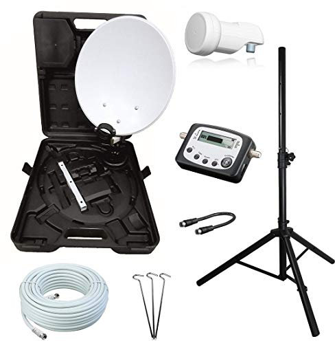 netshop 25 Camping SAT Koffer Schüssel mit HD Single LNB und 10m Kabel + Digital SAT-Finder + Dreibein Stativ bis 100cm (Mobile Sat Anlage 1 Teilnehmer) Set