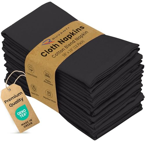 Ruvanti Cloth Napkins set of 12, 18x18 Inches Napkins Cloth Washable, Soft, Durable, Absorbent, Cotton Blend. Table Dinner Napkins Cloth for Hotel, Lunch, Restaurant, Weddings, Events, Parties - Black