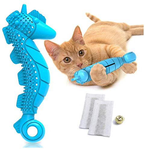 Ronton Cat Toothbrush Catnip Toy - Durable Hard Rubber - Cat Dental Care, Cat Interactive Toothbrush Chew Toy (1 Pack_Seahorse)