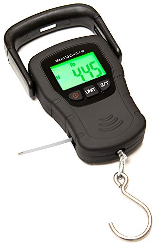 Commercial Grade Heavy Duty Digital 110lb/50kg Capacity Hanging Scale with Backlit and Measuring Tape for Luggage Fish Fishing with Comfortable Handle and Large Hook