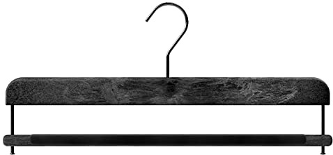 Mainetti Appendini per Pantaloni Uomo Donna, Grucce in Plastica, Salvaspazio, con Barra in Velluto Antiscivolo, Effetto Venature Legno, Made in Italy, Set di 10 Pezzi (Nero con gancio nero, 38 cm)