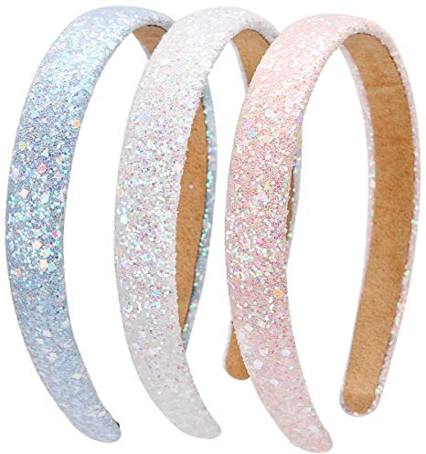 Loneedy Harte Haarreife, Glitzer-Pailletten für Kinder, breite gepolsterte Haarbänder, modisch, niedliches tägliches Accessoire für Mädchen und Damen, Rosa und Himmelblau und Weiß, 3 Stück