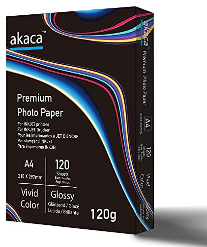 akaca A4 Premium glansigt fotopapper för alla bläckstråleskrivare (120 ark, 120 g/m², 210 x 297 mm)