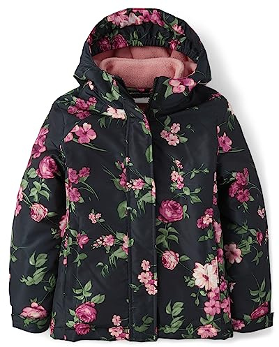 The Children's Place,Heavy 3 in 1 Winter Jacket, Wind-Resistant Water-Resistant Shell, Fleece Inner,Kelly Floral_Black | LOTUS FLOWER,Large (10/12)