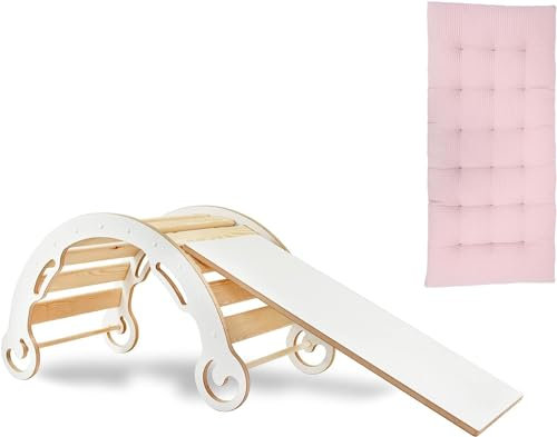 Leo Kletterbogen mit Rutsche und Kissen für Kinder 56x103x51cm - Klettergerüst Indoor ab 1 Jahr MDF| Kinderwippe Holz Wippe Montessori Spielbogen Holzspielzeug | klettern balance Kinder (L)